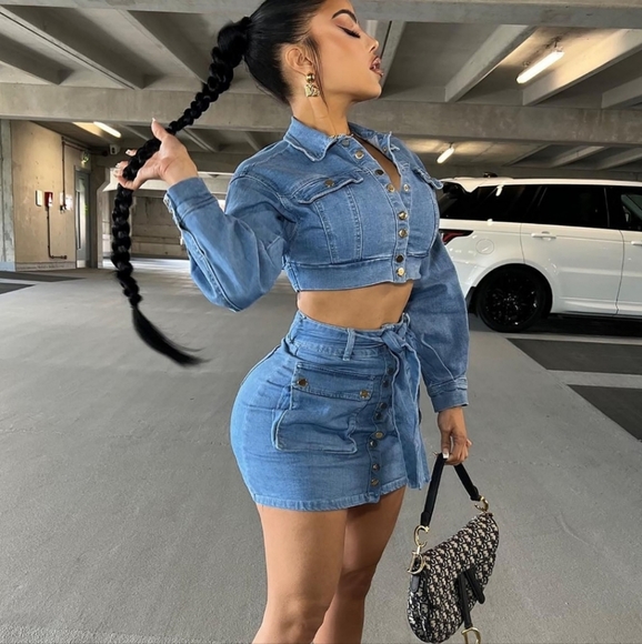 Fashion Nova Denim on Denim Matching Blue Skirt Set - Picture 4 of 16